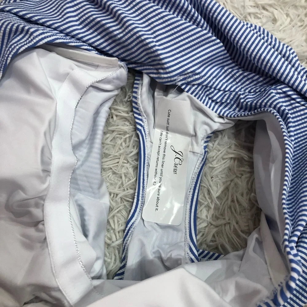 J Crew Ruched‎ Seersucker One Shoulder One Piece Swimsuit Blue White Size 24